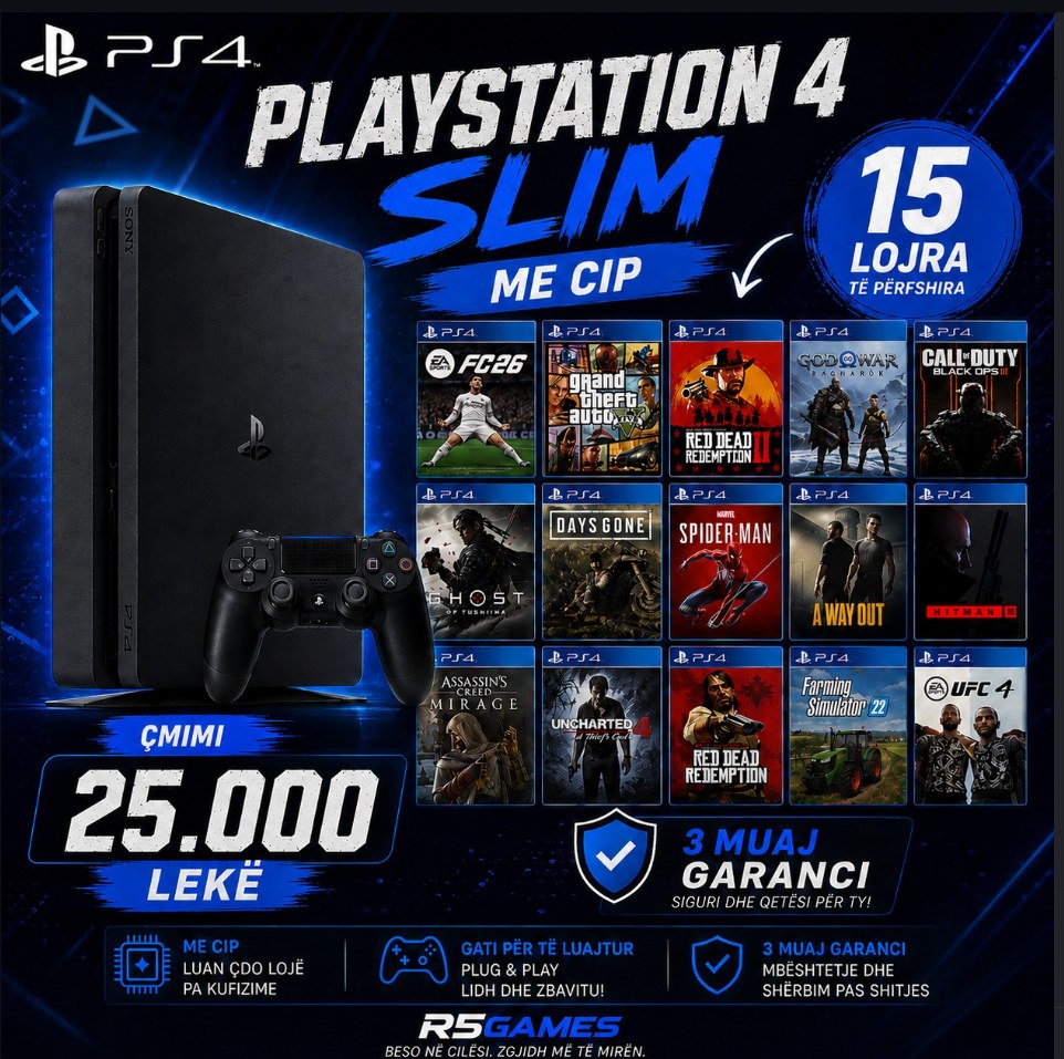 PS4 Slim me chip + 15 lojëra